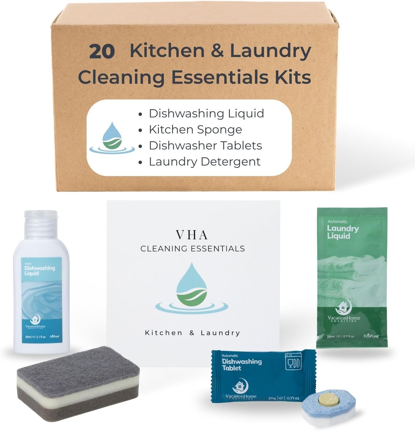 Air bnb Essentials for Hosts, Kitchen & Laundry Amenities - Dish Soap, Dishwasher Tablets, Kitchen Sponge & Travel Laundry Detergent, Pre-Packed in Premium Boxed Amenity Kits, 20 Kits - 120 pcs