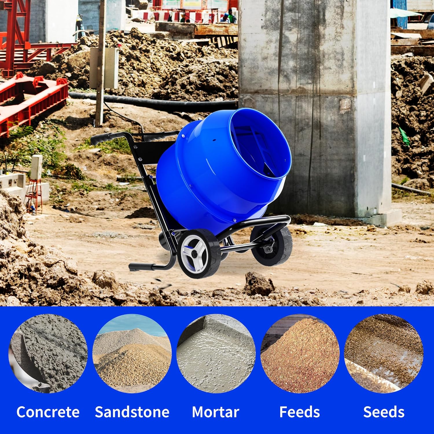 Electric Concrete Mixer, 5.3 Cubic Ft, 1HP. 750W Portable Electric Poly Drum Concrete Mixer, Heavy Duty Power Cement Mixing Machine for Mortar, Stucco and Fodder