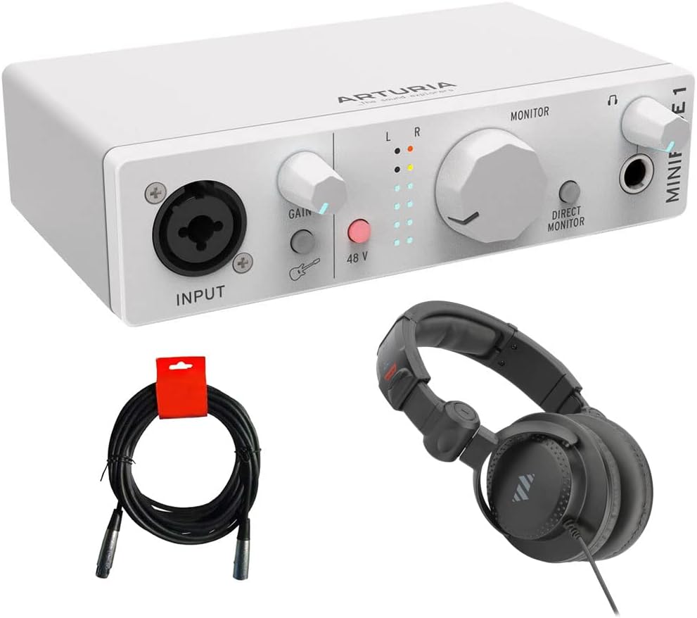 Arturia MiniFuse 1 Portable USB Type-C Audio Interface (White) with Studio Pro Monitor Headphones and XLR-XLR Cable