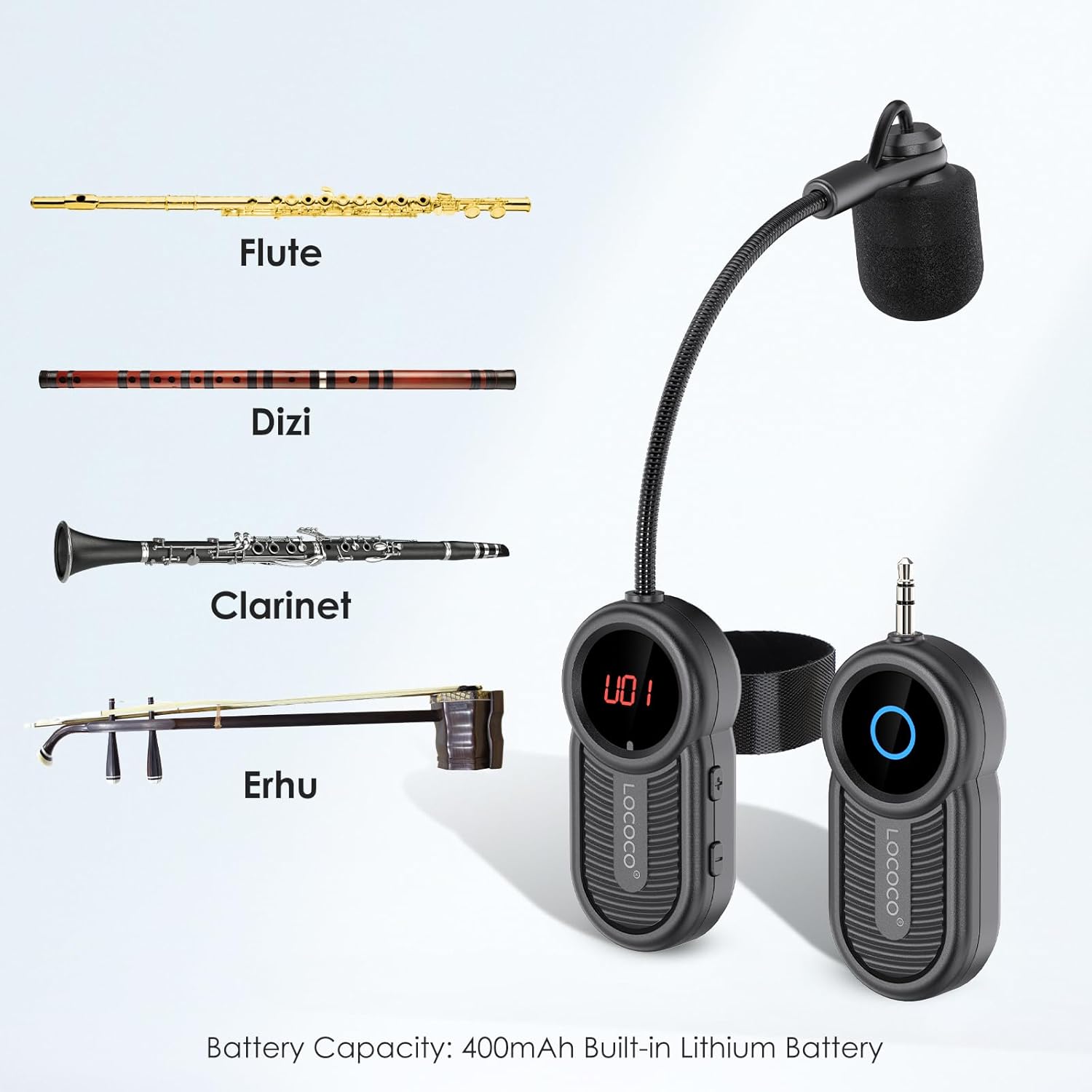 Lococo UHF Wireless Flute Microphone System: Wind Music Instruments Microphone Receiver and Transmitter, 160ft Range with Digital Screen, for Flute, Piccolo, Clarinet