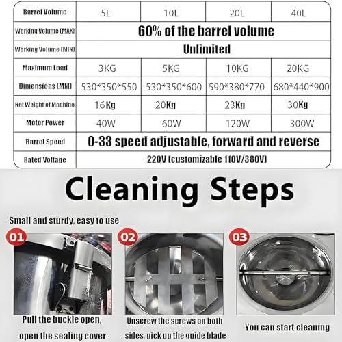 20L Electric Dry Powder Mixer, Stainless Steel Particle Blender, 360° Rotating Powder Mixing Machine for Laboratory & Food Processing, Ideal for Teaching and Research