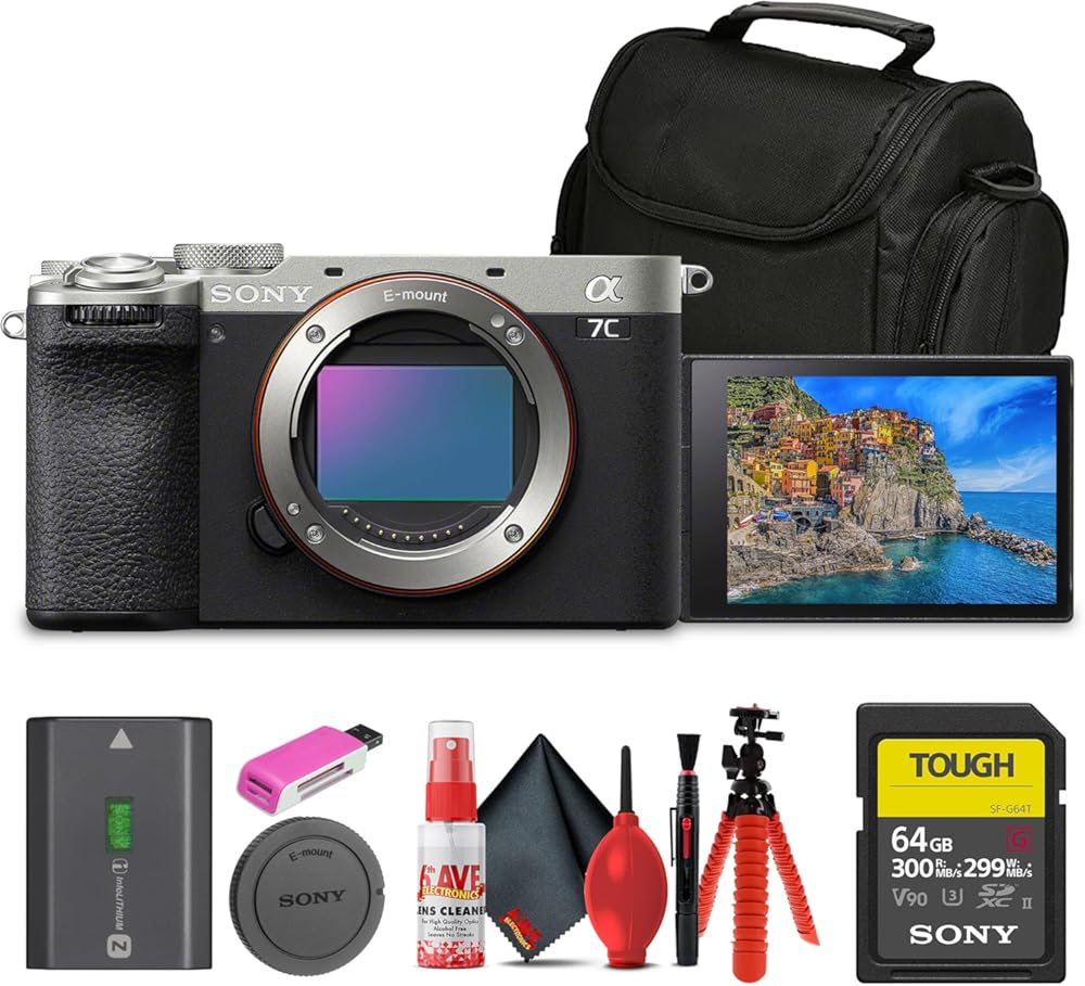 Sony Alpha 7C II Mirrorless Full-Frame Interchangeable Lens Camera (ILCE-7CM2/S) + 64GB SF-G Tough Card + Bag + Card Reader + Flex Tripod + Cleaning Kit (Renewed)