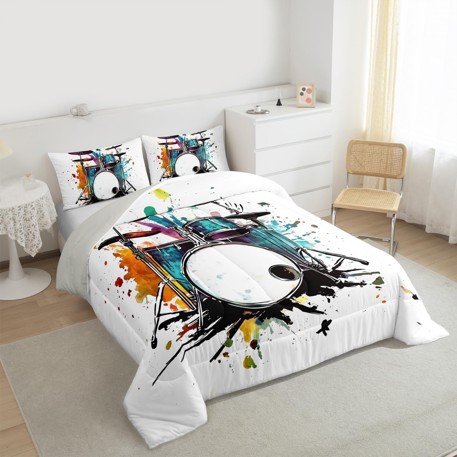Erosebridal Drum Kit Kids Comforter Sets Rock Music Instrument King Bedding Set for Boys Girls Watercolor Drum Kit Comforter Set,Music Theme Quilt Duvet 3 Pcs