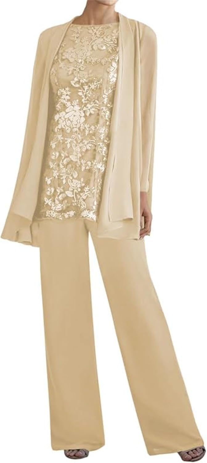 3 Piece Mother of The Bride Pant Suits - Lace Chiffon Grandmother of The Bride Dresses with Jacket Long Sleeve