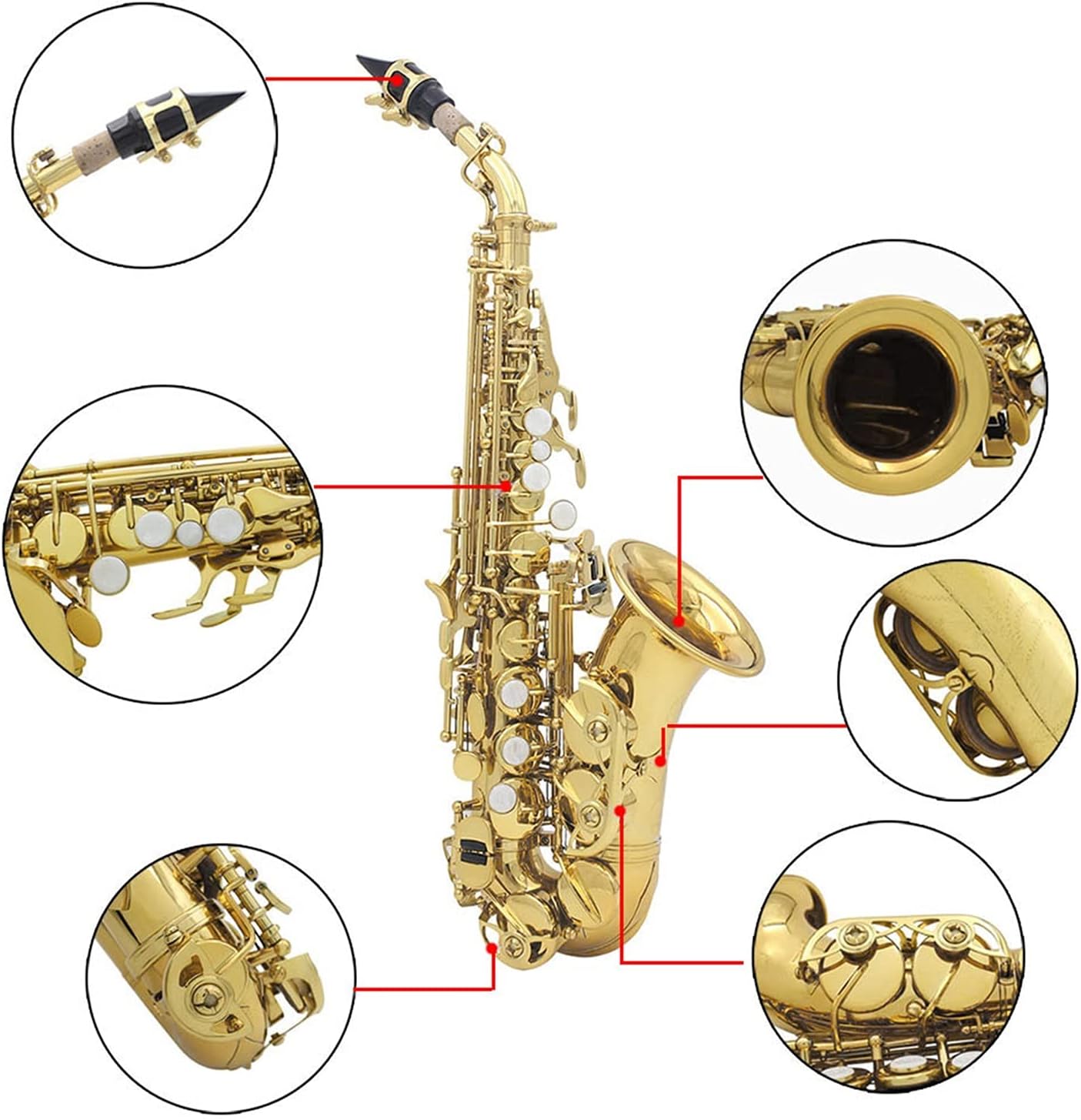 Brass Golden Carve Pattern Bb Bend Soprano Saxophone Sax Pearl White Shell Buttons Wind Instrument with Case Student Saxophone