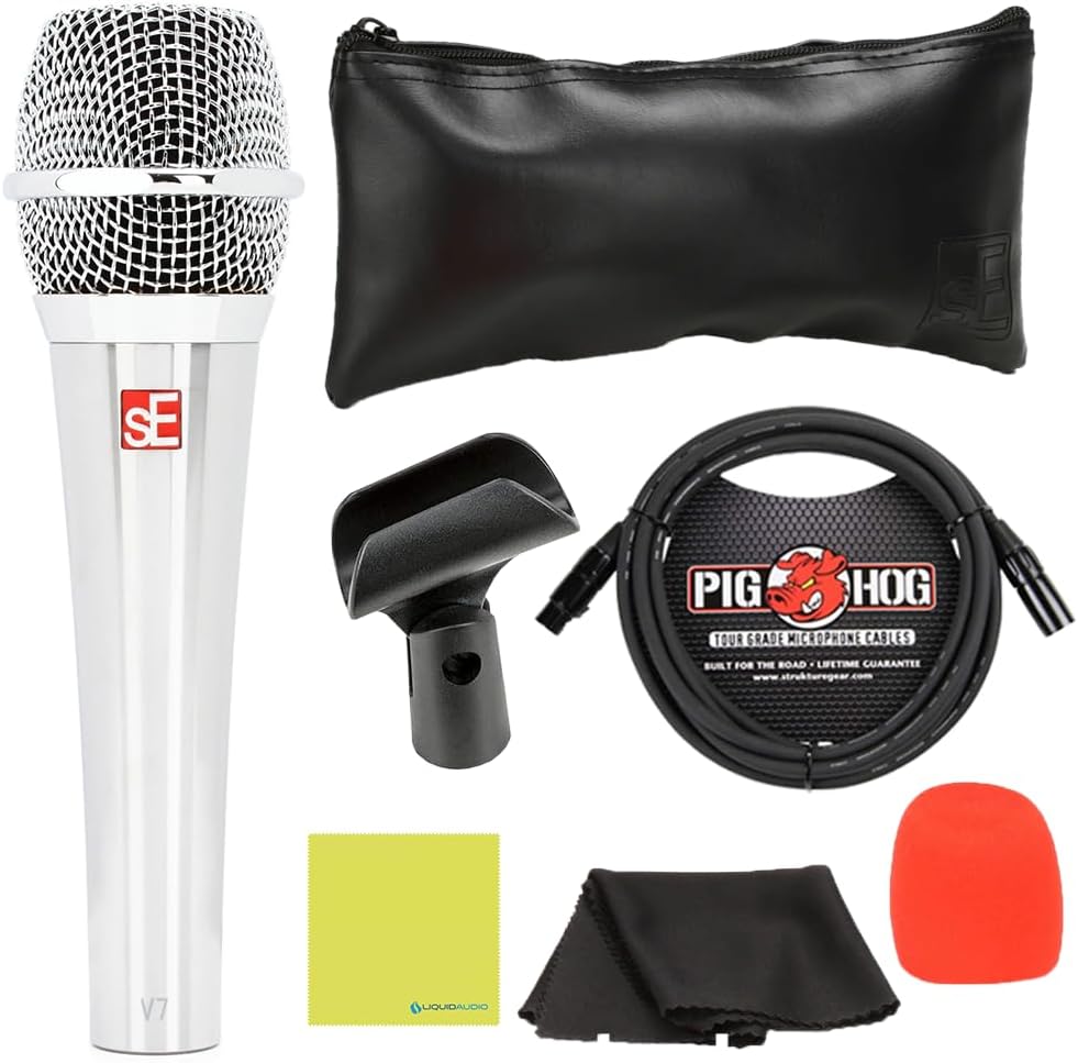Liquid Audio sE Electronics V7 Supercardioid Dynamic Vocal Microphone in Chrome Finish Bundle w/Pig Hog PHM10 8mm Mic Cable Polishing Cloth