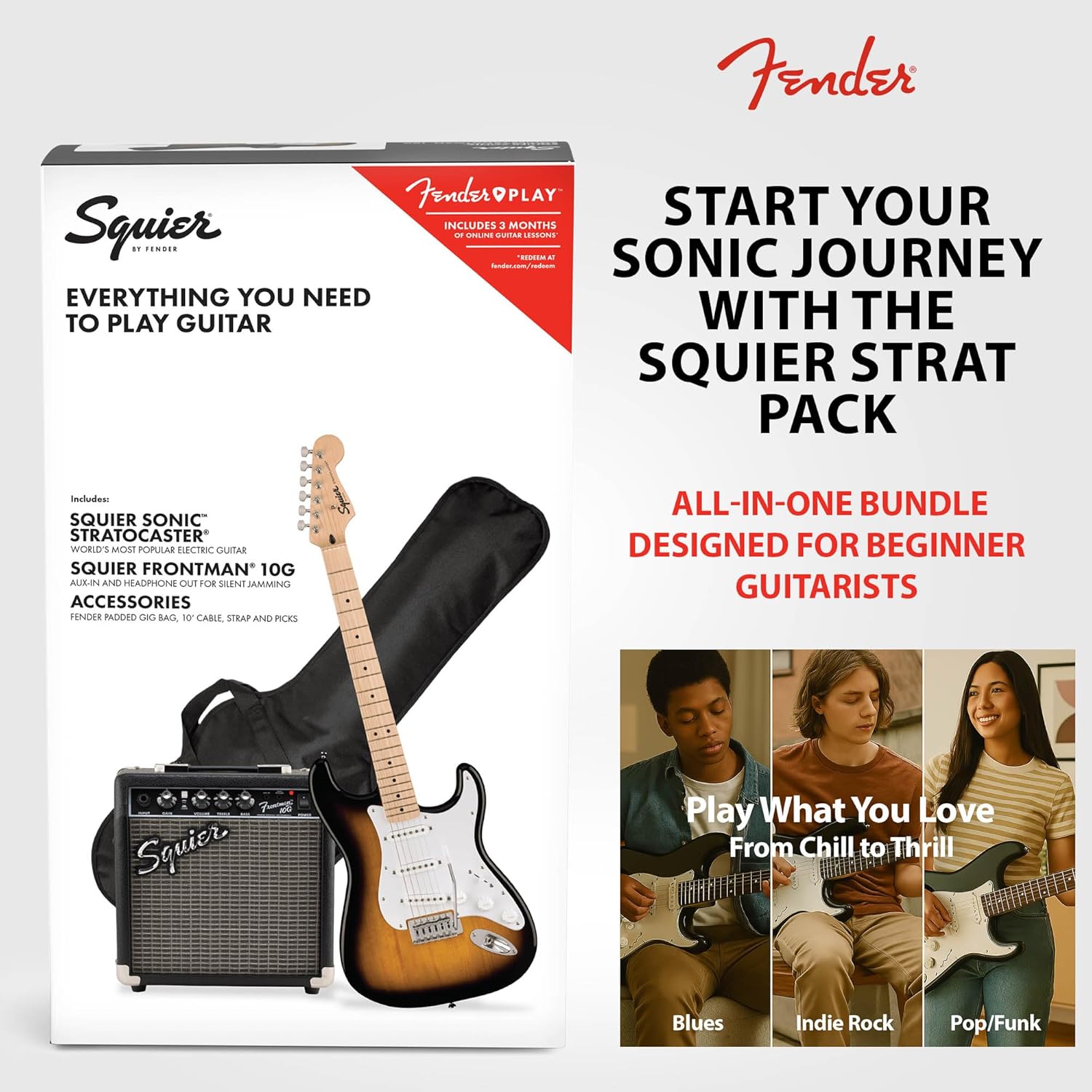 Fender Squier Sonic Strat Pack - 2-Color Sunburst Bundle with Frontman 10G Amp, Gig Bag, Tuner, Strap, Cable, Picks, and Austin Bazaar Guitar DVD
