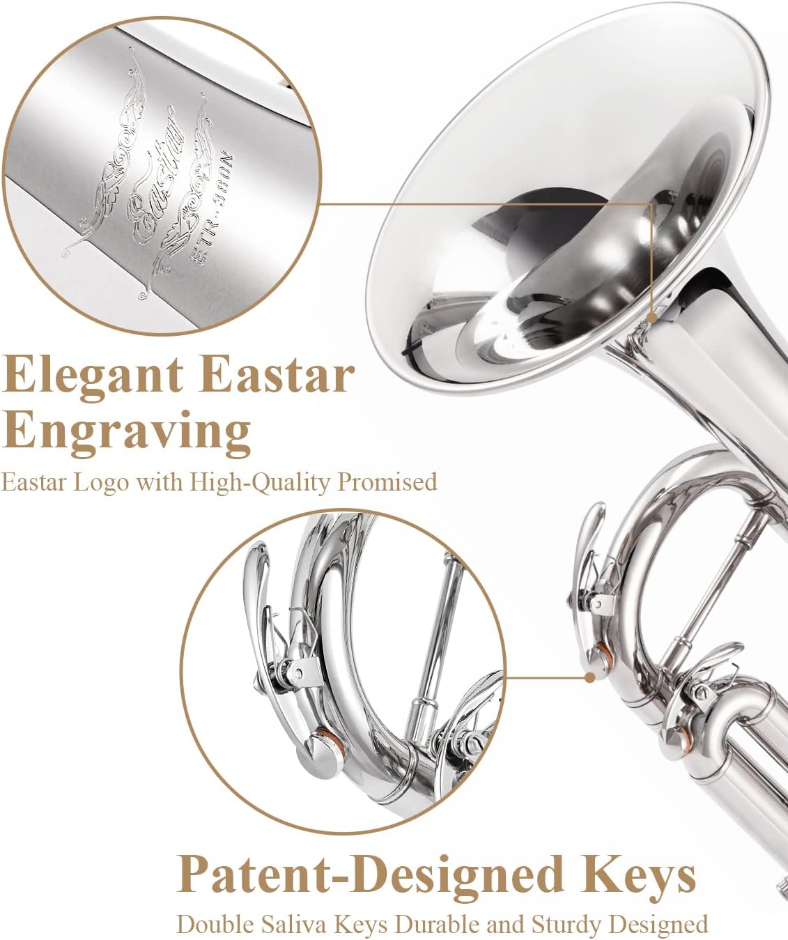 Eastar Bb Standard Trumpet Set for Beginner, Brass Student Trumpet Instrument with Hard Case, Cleaning Kit, 7C Mouthpiece and Gloves, ETR-380N, Silver