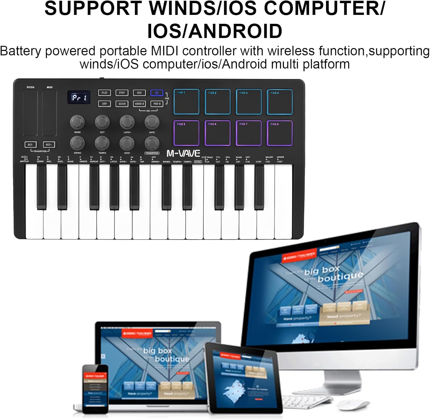 25-Key MIDI Control Keyboard Mini Portable USB Keyboard MIDI Controller with 25 Velocity Sensitive Keys 8 RGB Backlit Pads 8 Knobs