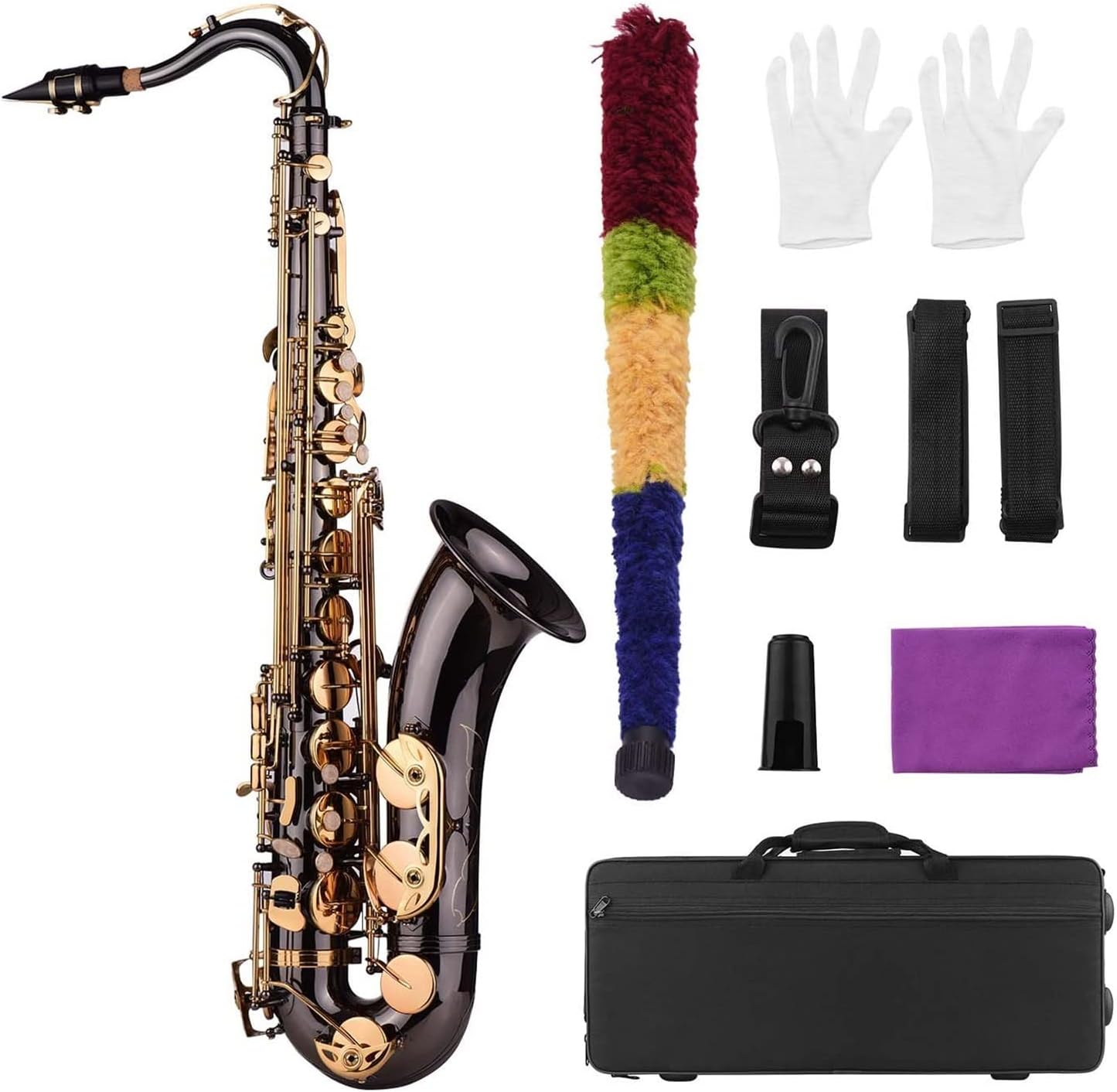 KESHUO Bb Tenor Saxophone Sax Brass Body Black Golden Keys Woodwind Instrument with Carry Case Gloves Cleaning Cloth Brass Sax Beginners Kit