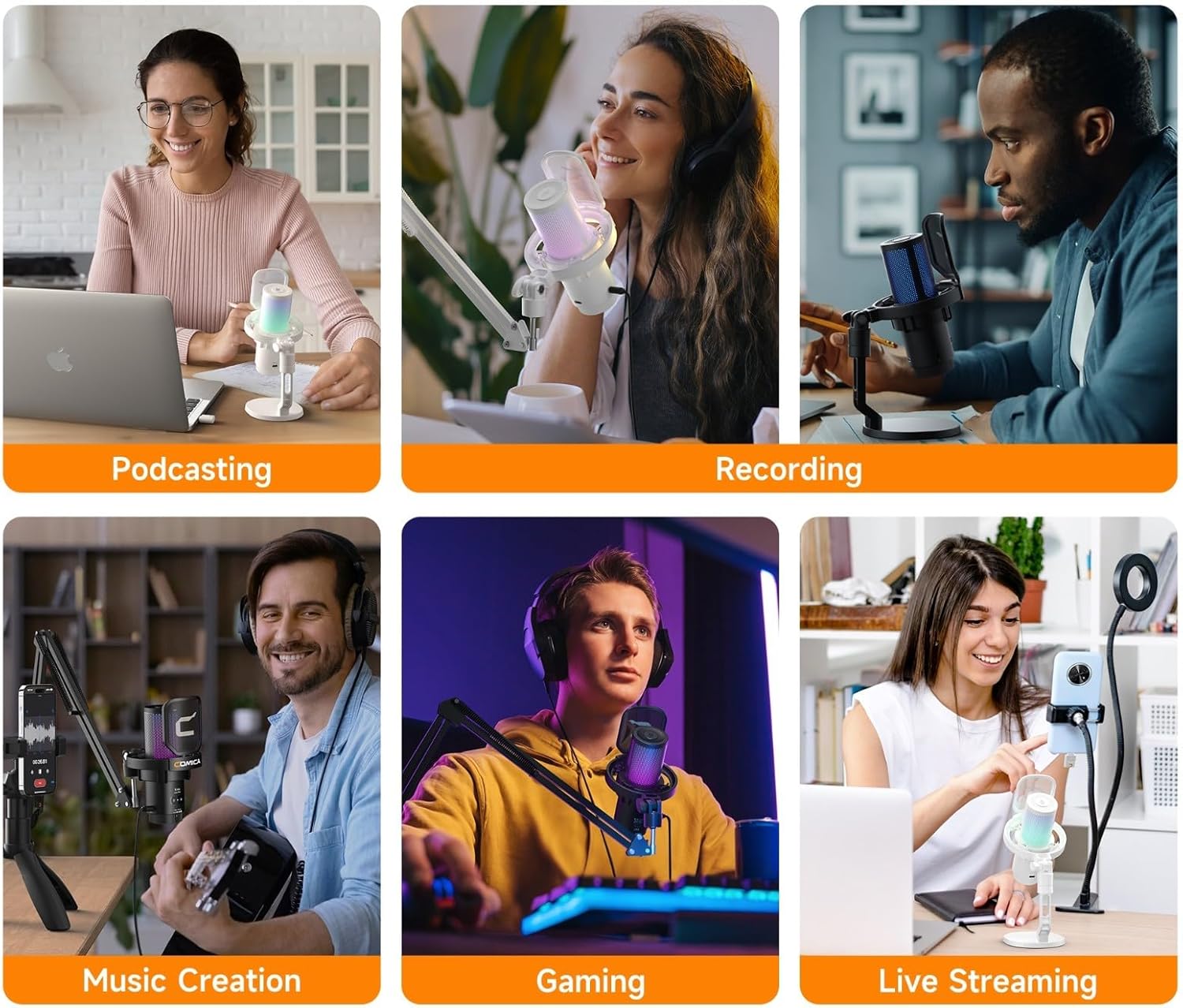 comica EJoy Uni Pro (A)-Wireless Black Microphone for Computer and Smartphone,48Khz/24Bit RGB Cardioid Condenser Gaming Mic for Podcasting,Streaming,Recording,Music Creation,with Boom Arm Stand