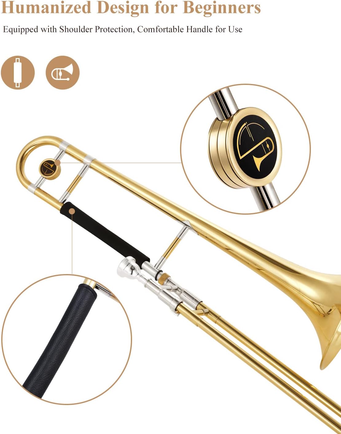 Eastar Bb Tenor Slide Trombone for Beginners Students, B Flat Brass Plated Trombone Instrument with Mouthpiece, White Gloves, Cleaning Kit, ETB-330, Golden