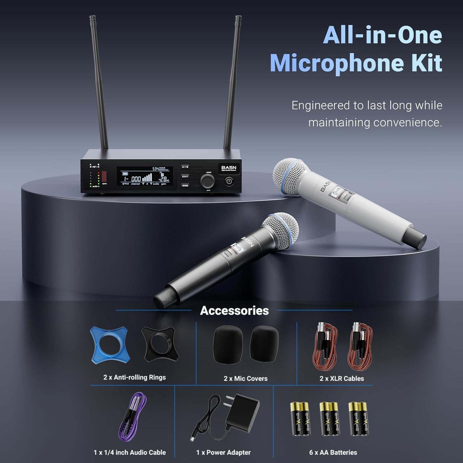BASN Wireless Two Microphone System with UHF Dual-Channel Receiver, Metal Handheld Dynamic Mics Kit for for Karaoke Singing, Wedding, Party, Church, Speech (White/Black)