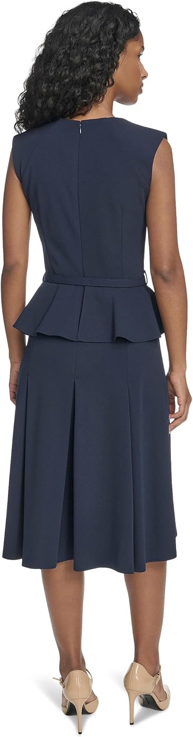 Calvin Klein Womens Sleeveless Square Neck Peplum Crepe Midi Dress