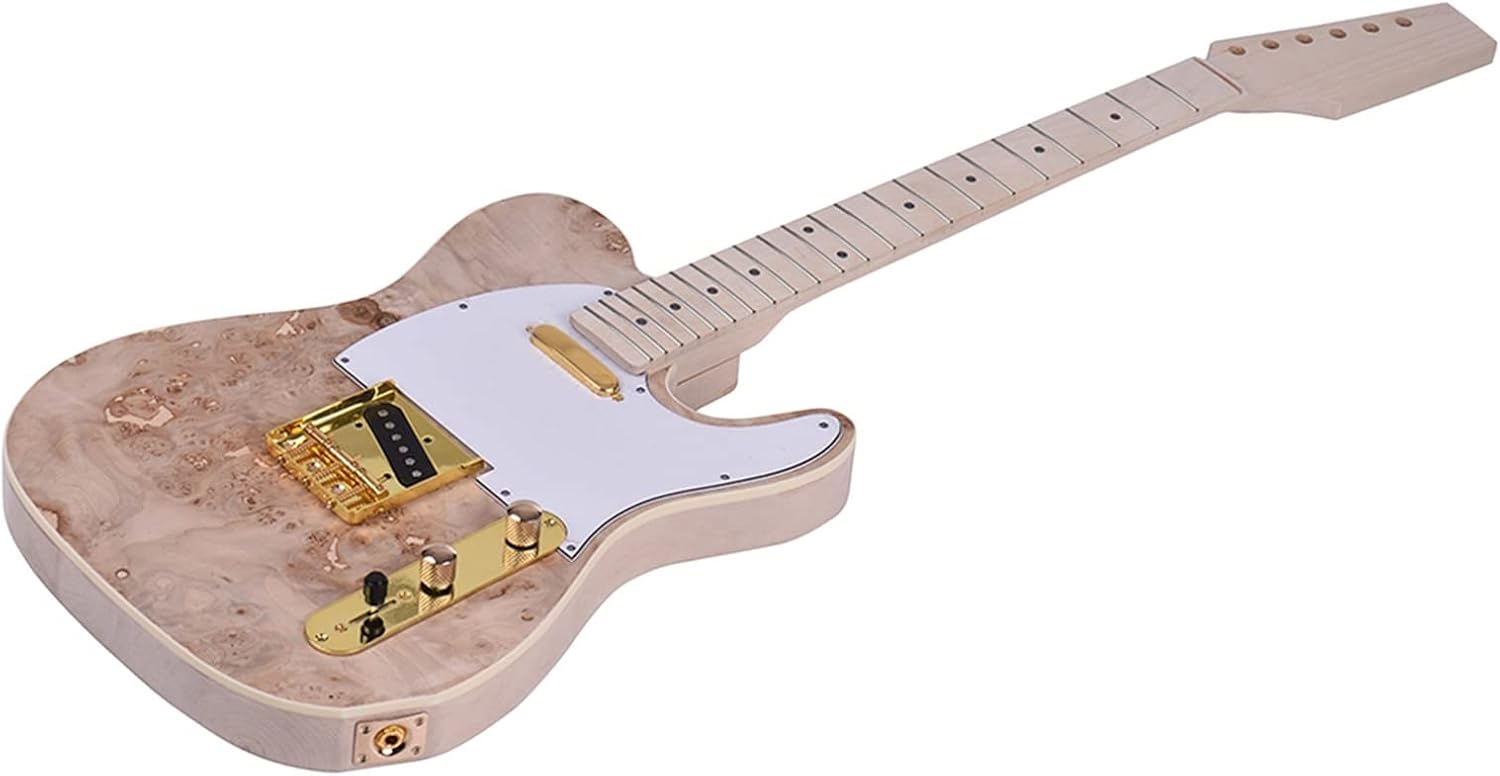 FLFL Unfinished DIY Electric Guitar Kit 6 String Basswood Body Burl Surface Guitar Gift Unfinished Guitar Kit