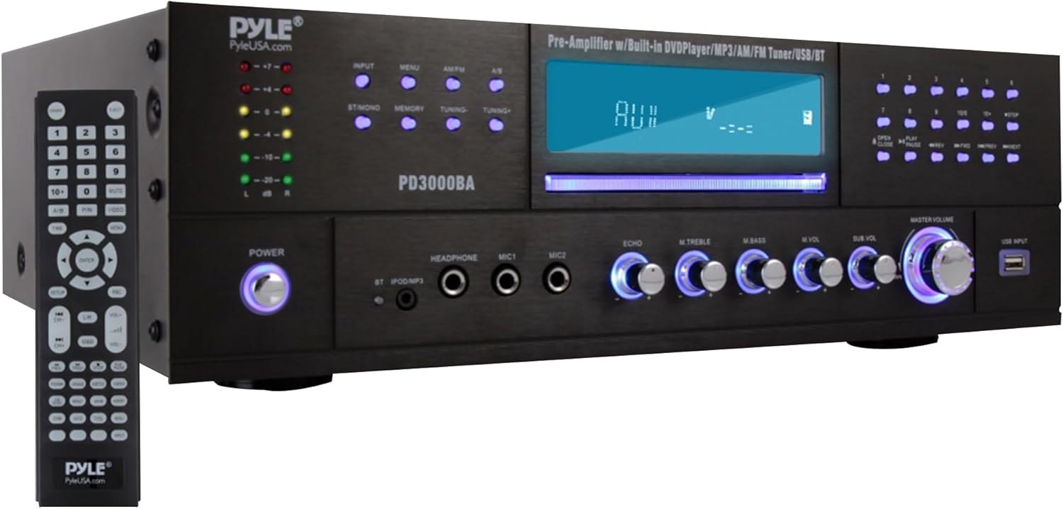 Pyle 4 Channel Wireless Bluetooth Amplifier - 3000 Watt Stereo Speaker Home Audio Receiver w/FM Radio, USB, 2 Microphone w/Echo for Karaoke, Front Loading CD DVD Player, LED, Rack Mount - PD3000BA.5