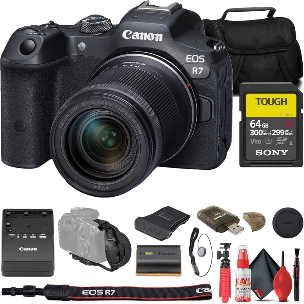 Canon EOS R7 Mirrorless Camera with 18-150mm Lens (5137C009) + Sony 64GB Tough SD Card + Bag + Card Reader + Flex Tripod + Hand Strap + Memory Wallet + Cap Keeper + Cleaning Kit (Renewed)
