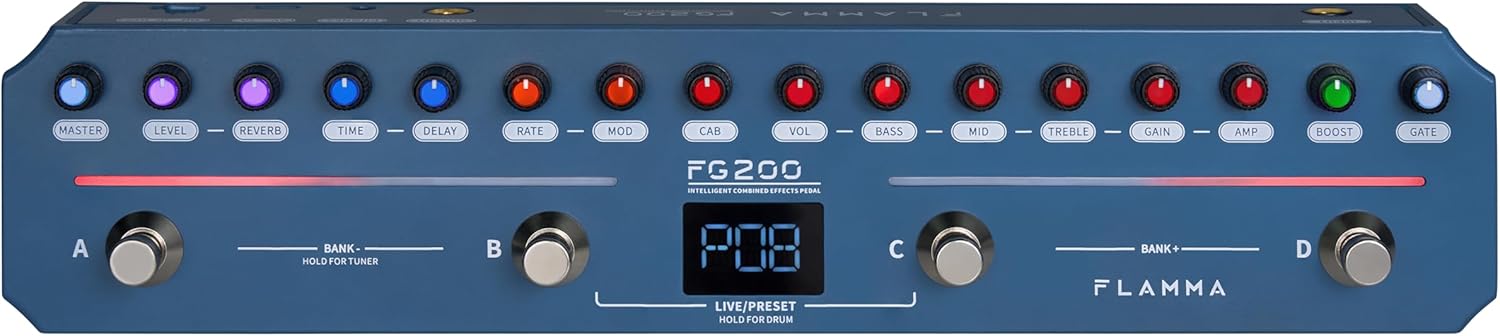 FLAMMA FG200 Intelligent Multi-Effects Guitar Pedal with 52 AMP Models 5 BOOST Models 16 CAB Simulations 7 Effects Modules 9 IR Slots 40 Presets 40 Rhythm Styles Support APP OTG