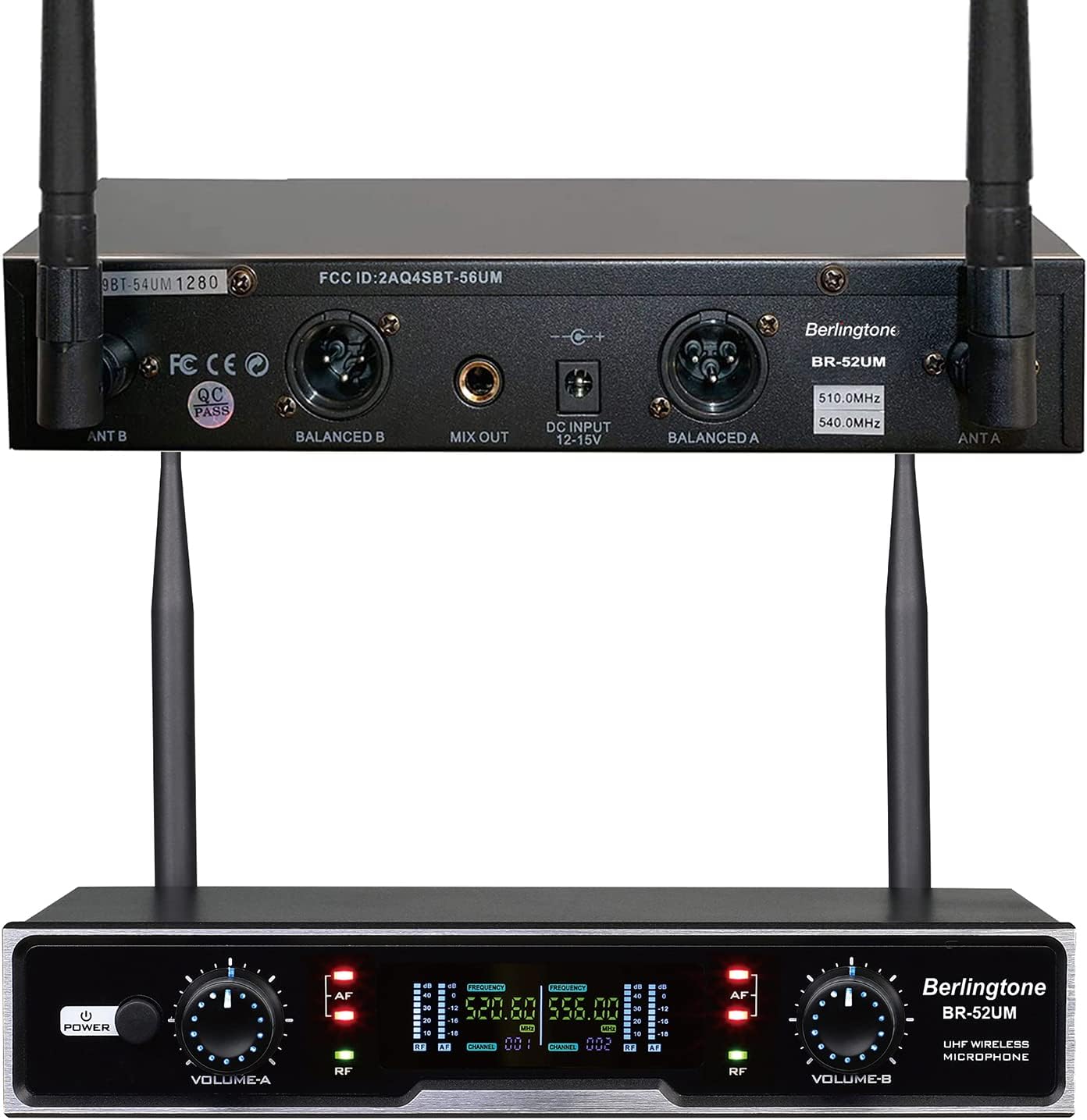 Professional Dual Dynamic Handheld UHF Wireless Microphone System, Metal Microphone and Base, for Singing, Karaoke, Church, Wedding, Meeting, up to 260ft Range (BR-52UM)