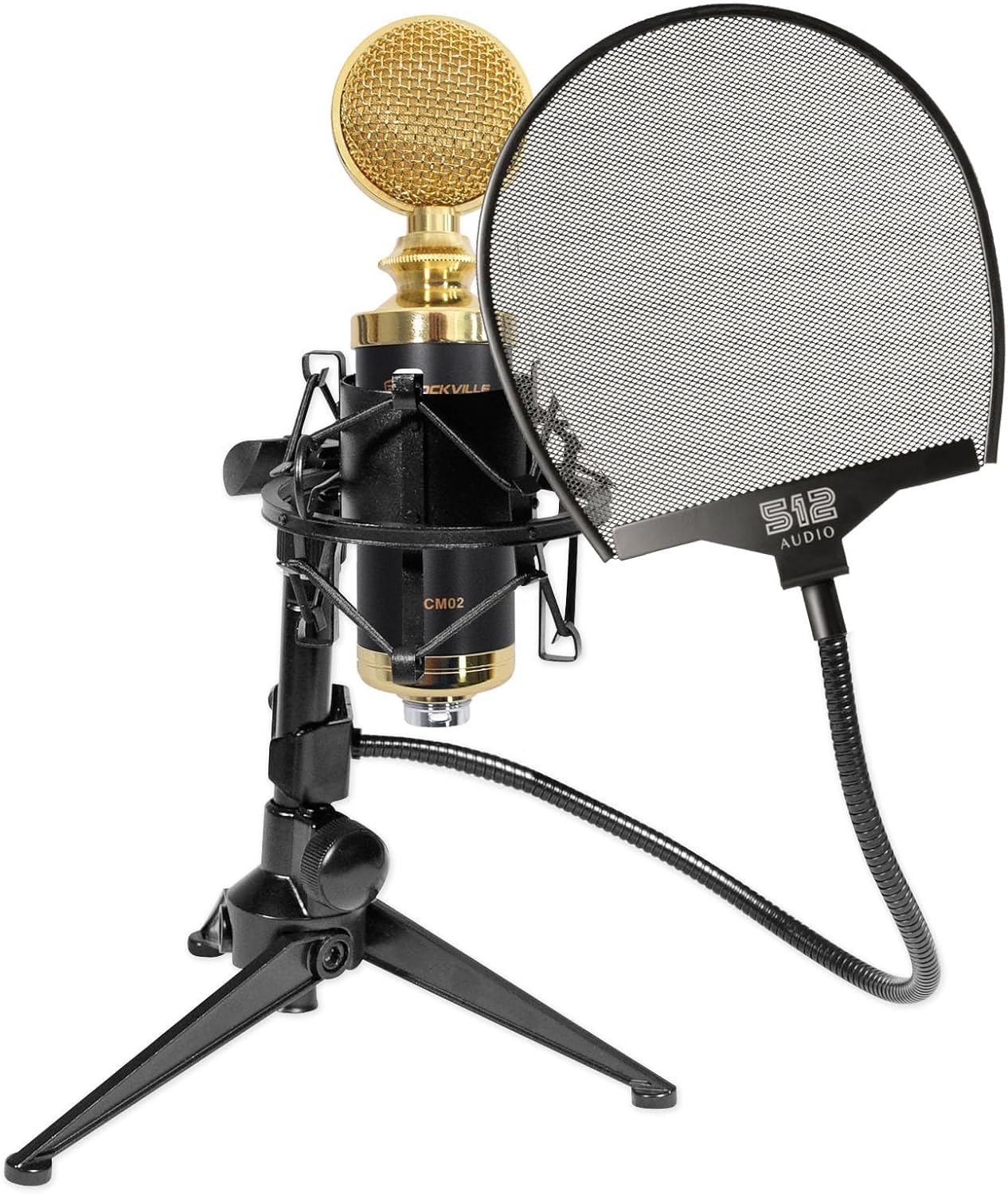 Rockville RCM02 Bundle: Studio Condenser Cardioid Microphone with Metal Shock Mount, RDTS Desktop Tripod Stand, 512-POP Professional Metal Pop Filter, 3-Items