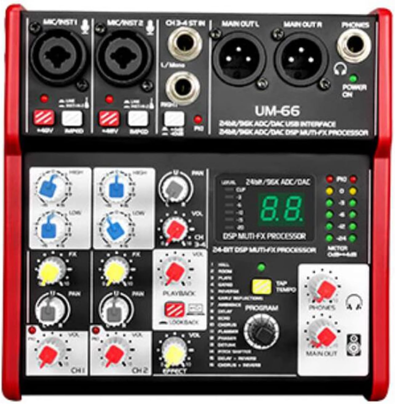 4-Channel Mixer Sound Card Audio Mixing Console Built-in 16 Effects with USB Audio Interface Supports 5V Power Bank