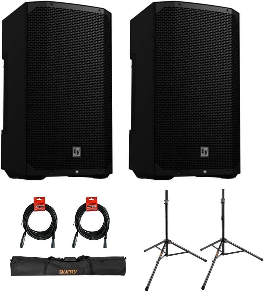 Electro-Voice EVERSE 12 Weatherized Battery-Powered Loudspeaker with Bluetooth Audio and Control Black (Pair) Bundle with Auray Steel Speaker Stands with Case and 2X XLR Cable