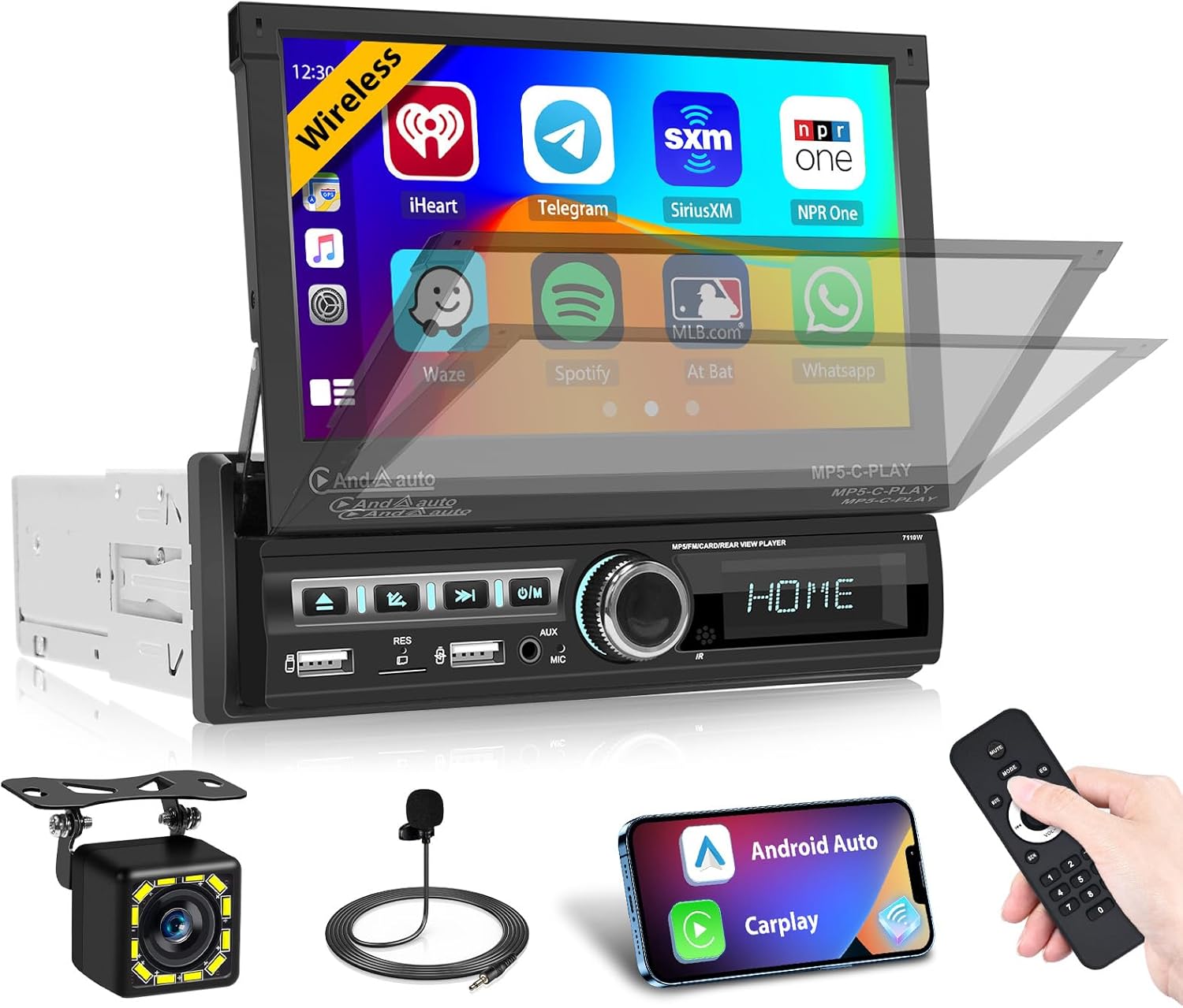 (Motorized) Hikity Single din Car Stereo with Wireless Carplay Android Auto, 7'' IPS Motorized Flip Out Touchscreen Bluetooth Car Audio Receiver, Mirror Link FM Radio SWC Backup Cam Aux/USB+TF Card