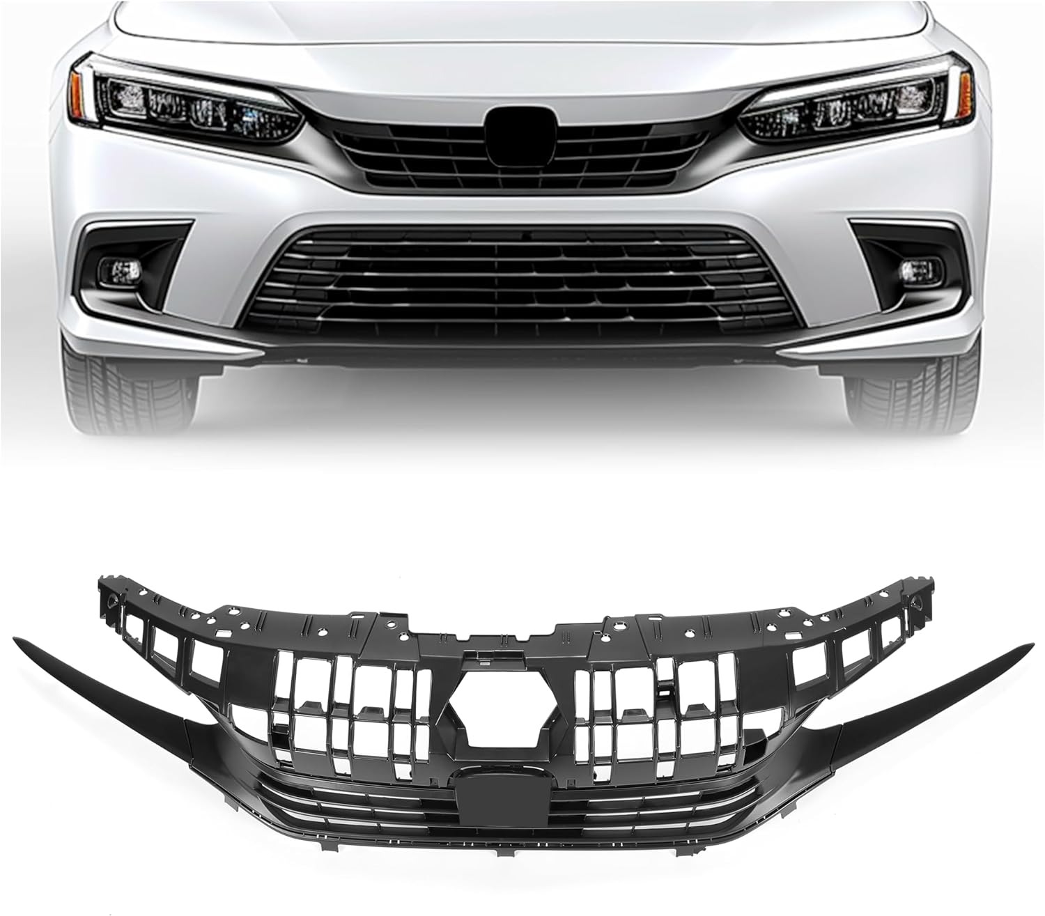 HECASA Grille & Headlight Trim Compatible with 2022 2023 Honda Civic Front Grill Headlamp Trim Black