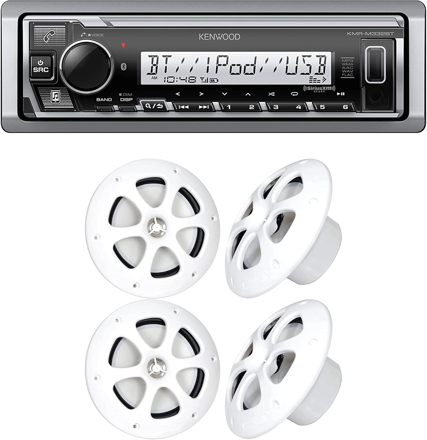 Kenwood KMR-M332BT Car & Marine Stereo | Plus 2X KFC-1613MRB/W 6.5 Inch 2 Way Coaxial Waterproof Marine Motorsports Boat Speakers, Pair, 4 Ohm, 100 Peak Watts (White)