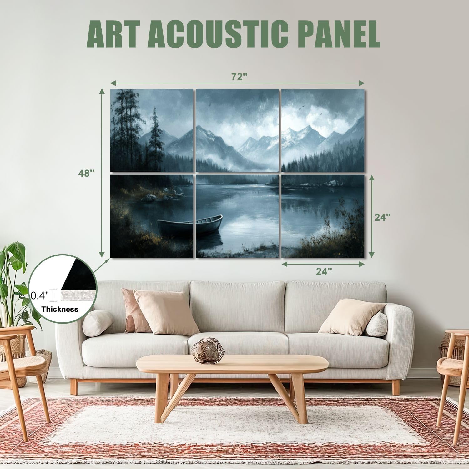 6 Pack Art Acoustic Panels Sound Absorbing Lake Mountains Forest Scenery Nature Landscape Modern Boat Rowboat Decorative Soundproof Wall Panels Self Adhesive for Recording Studios Office 72