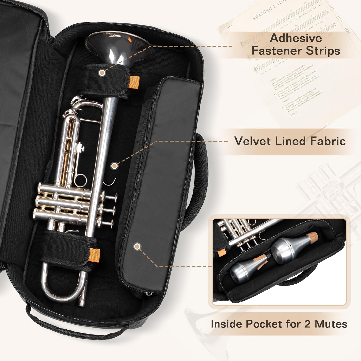 Trumpet Case Backpack, Musical Instrument Storage Carrying Bags with Thick Cotton Liner, Separate Pocket for 2 Mutes, 2 Carrying Ways, Black