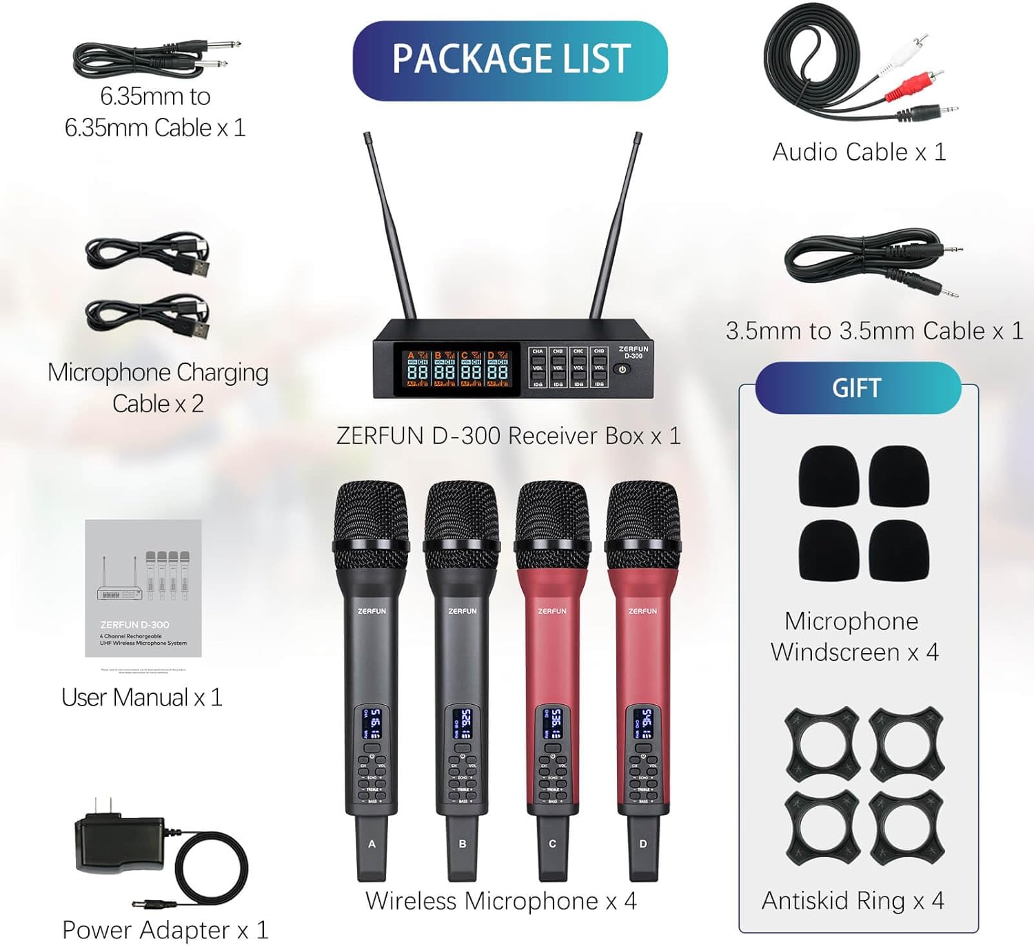 Rechargeable Wireless Microphone System 4 Channel Pro, UHF Handheld Cordless Mics with VOL Echo Treble BASS Control, LCD Display, Frequency Lock, XLR, 1/4, 1/8 Output, D-300, Grey&Red