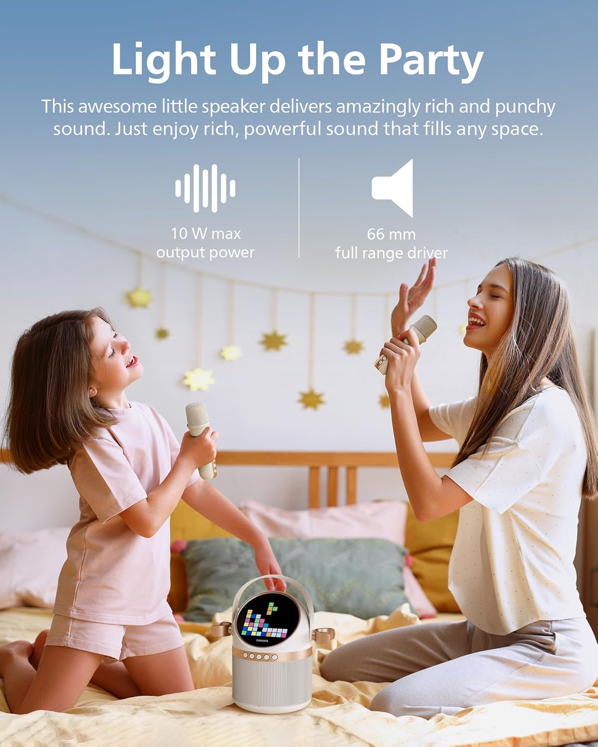 PHILIPS S2508 Portable Karaoke Machine,Party Bluetooth Speaker with 2 Karaoke Microphones,7 H Battery,Multi-Colored Light Modes with Display Screen,6 Vocal Effects,USB,AUX or TF Card Input,Mini,White