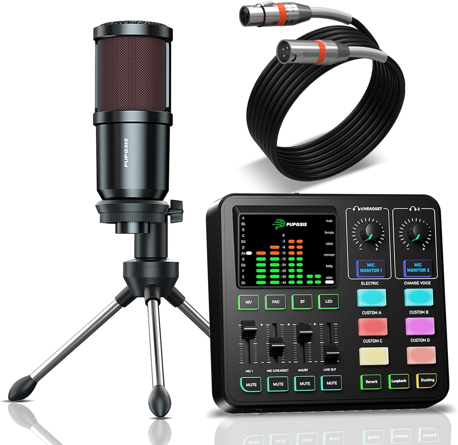 Podcast Equipment Bundle, PUPGSIS Audio Mixer with XLR Dynamic Microphone, Pro-preamp, Bluetooth 5.3, All-in-One Gaming Equipment Set for Podcast Recording, Live Streaming, Video Vocals, PC, Phone, DJ
