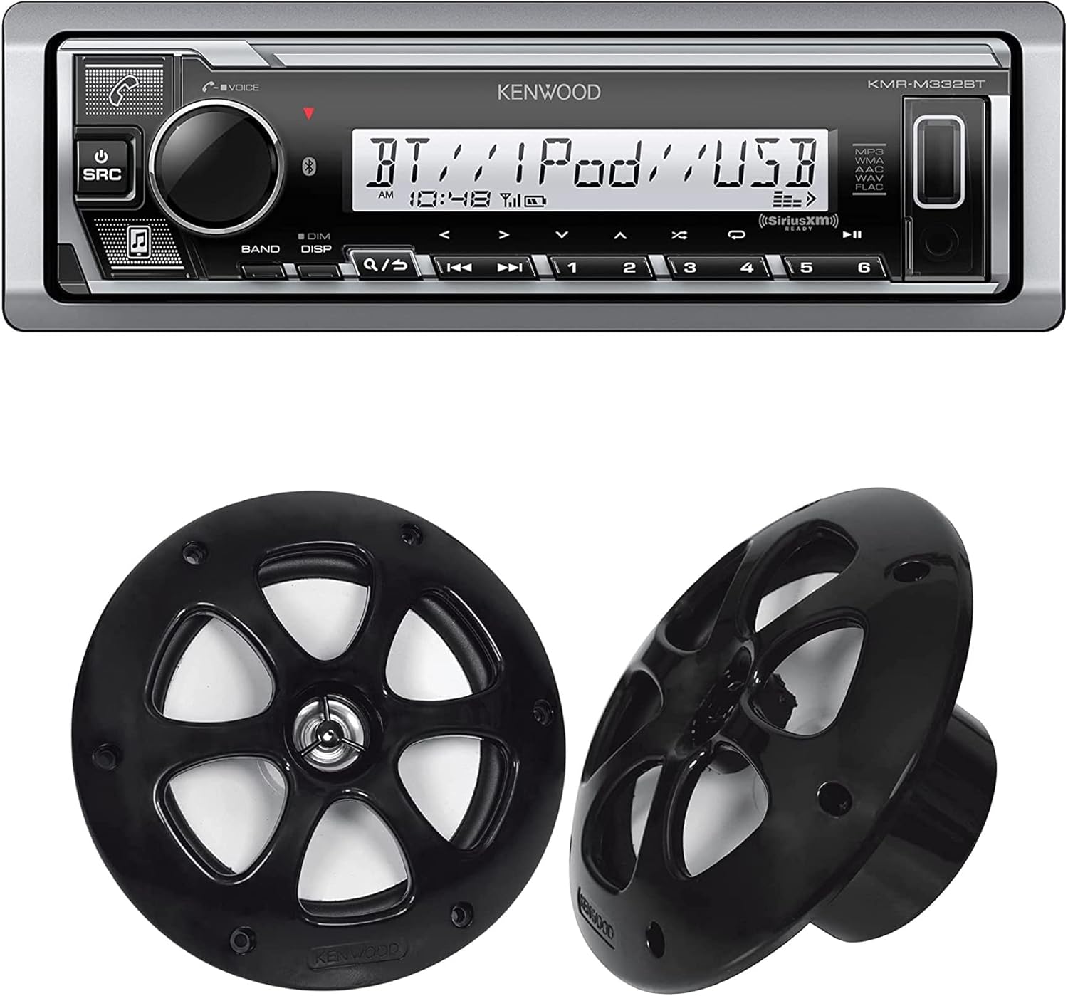 Kenwood KMR-M332BT Car & Marine Stereo | Plus 1x KFC-1613MRB/W 6.5 Inch 2 Way Coaxial Waterproof Marine Motorsports Boat Speakers, Pair, 4 Ohm, 100 Peak Watts (Black)