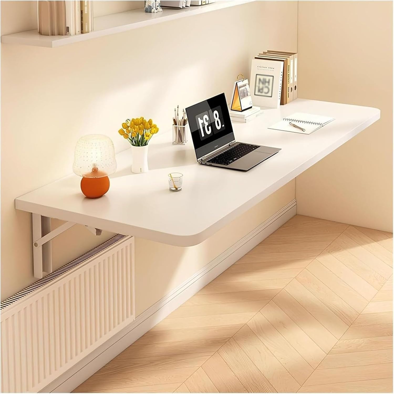 JKGHK Wall Mounted Radiator Shelf, 90° Foldable Radiator Covers for Home, Floating Over Radiators Cover Storage Table with Shelf Brackets, for Home, Dining, Office(White,47x16in/120x40cm)