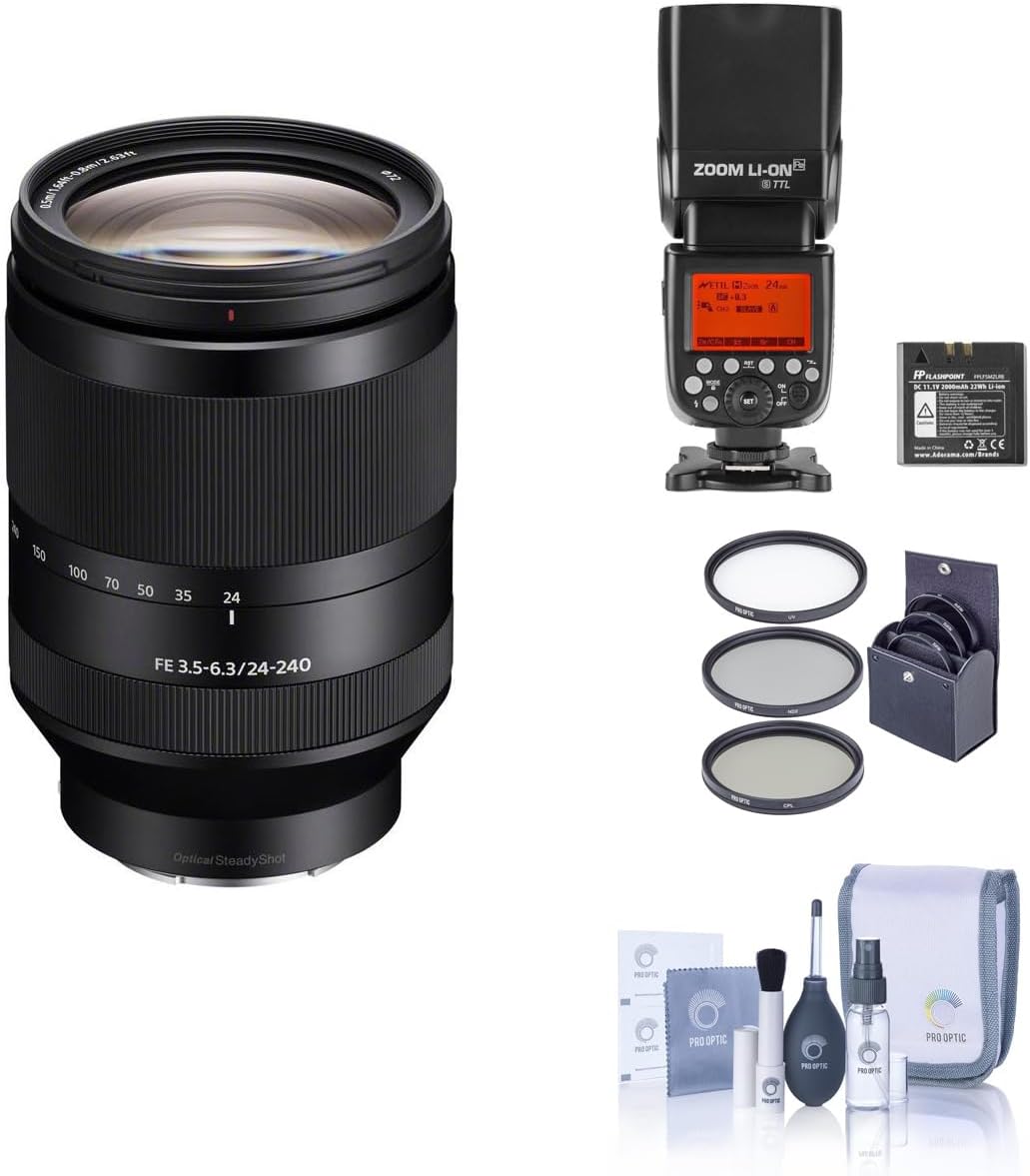 Sony FE 24-240mm f/3.5-6.3 OSS Lens for Sony E, Bundle with Flashpoint Zoom Li-ion R2 TTL On-Camera Flash Speedlight, 72mm Filter Kit, Cleaning Kit