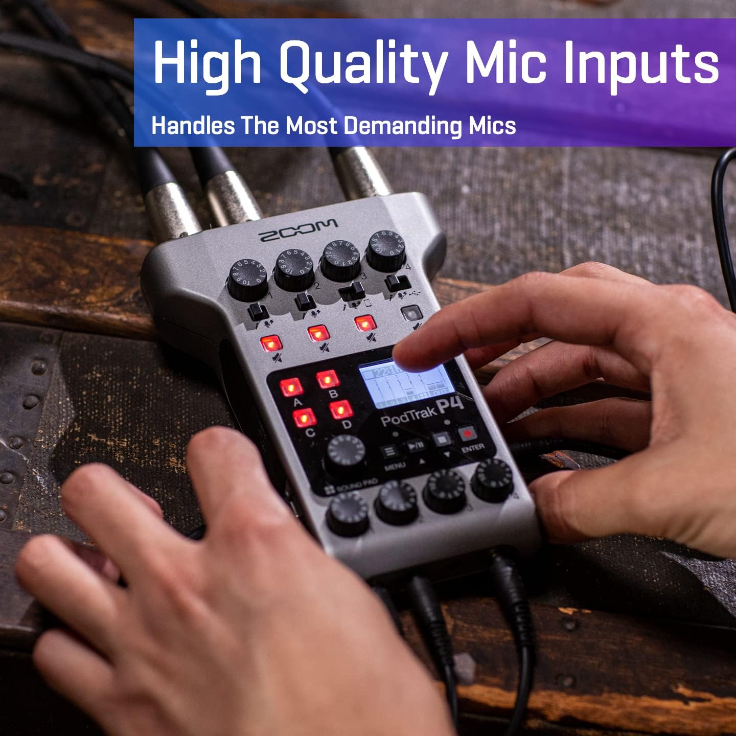 Zoom PodTrak P4 Podcast Recorder, 4 Microphone Inputs, Sound Pads, 2-In/2-Out Audio Interface & Audio-Technica ATH-M50X Professional Studio Monitor Headphones, Black, Professional Grade