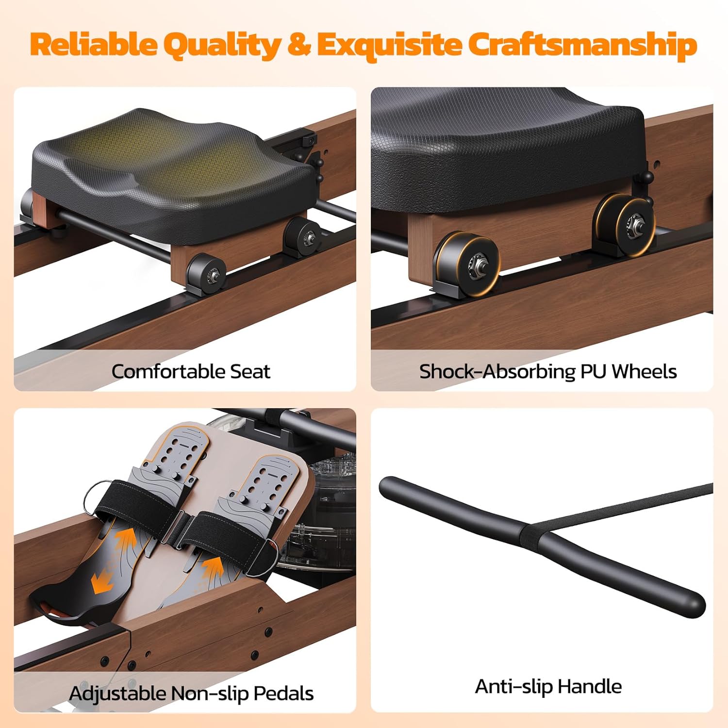 Dripex Rowing Machines for Home Foldable, Water Rowing Machine Max 350 LBS, Water Rower with Smooth Slide Rail, Comfortable Seat, Bluetooth App Supported, LCD Monitor, Wooden Row Machine for Home Gym