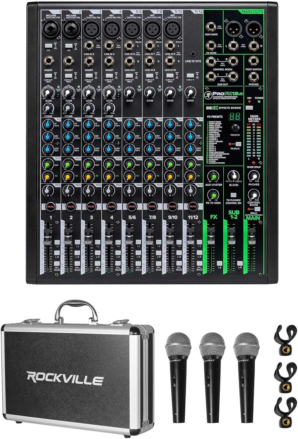 Mackie ProFX12v3 12-Channel Professional Effects Mixer w/USB ProFX12 v3 Bundle with Rockville RMC-3PK 3 Pack Metal Wired Vocal/Instrument/DJ MicrophoneswithMetal Case