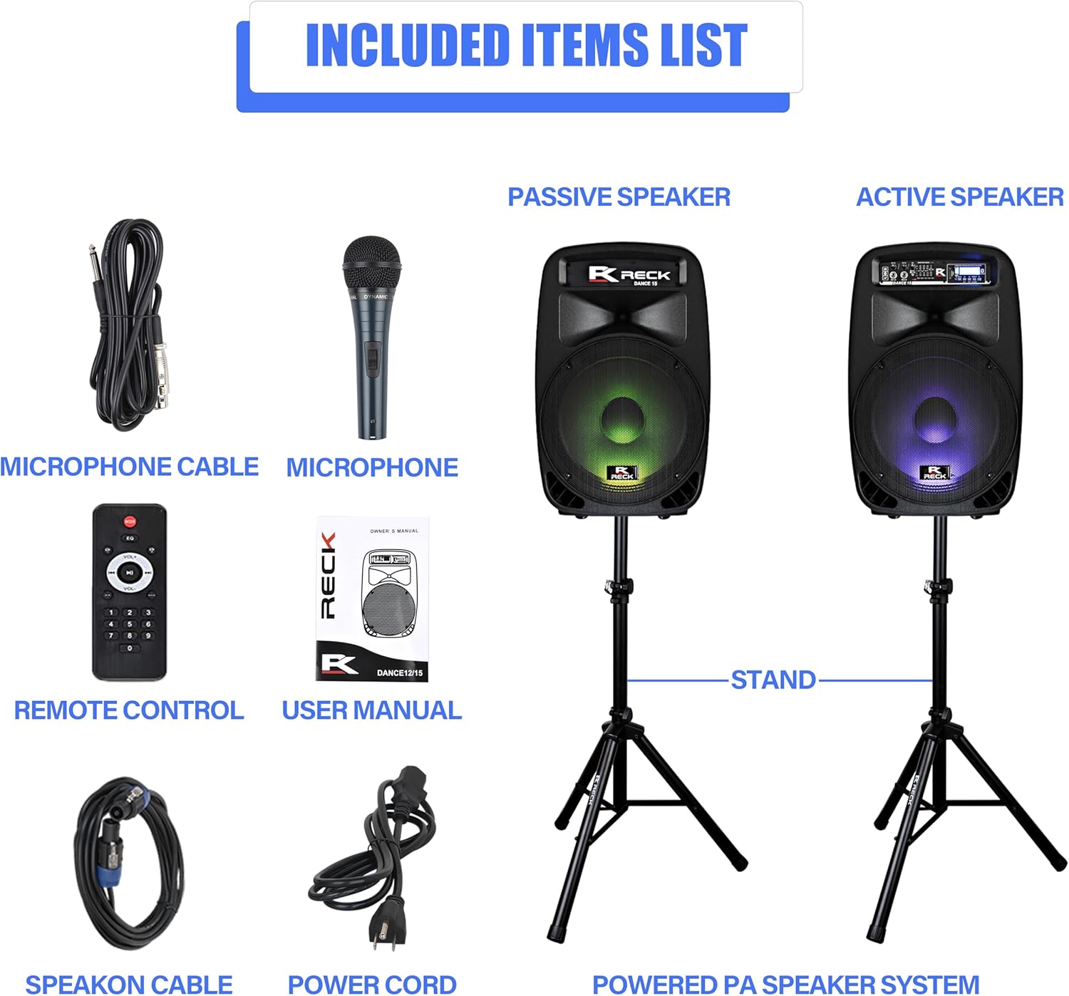 Proreck Dance 15 Portable 15-Inch 2000 Watt 2-Way Powered PA Speaker System Combo Set with Bluetooth/USB/SD Card Reader/FM Radio/Remote Control/LED Light