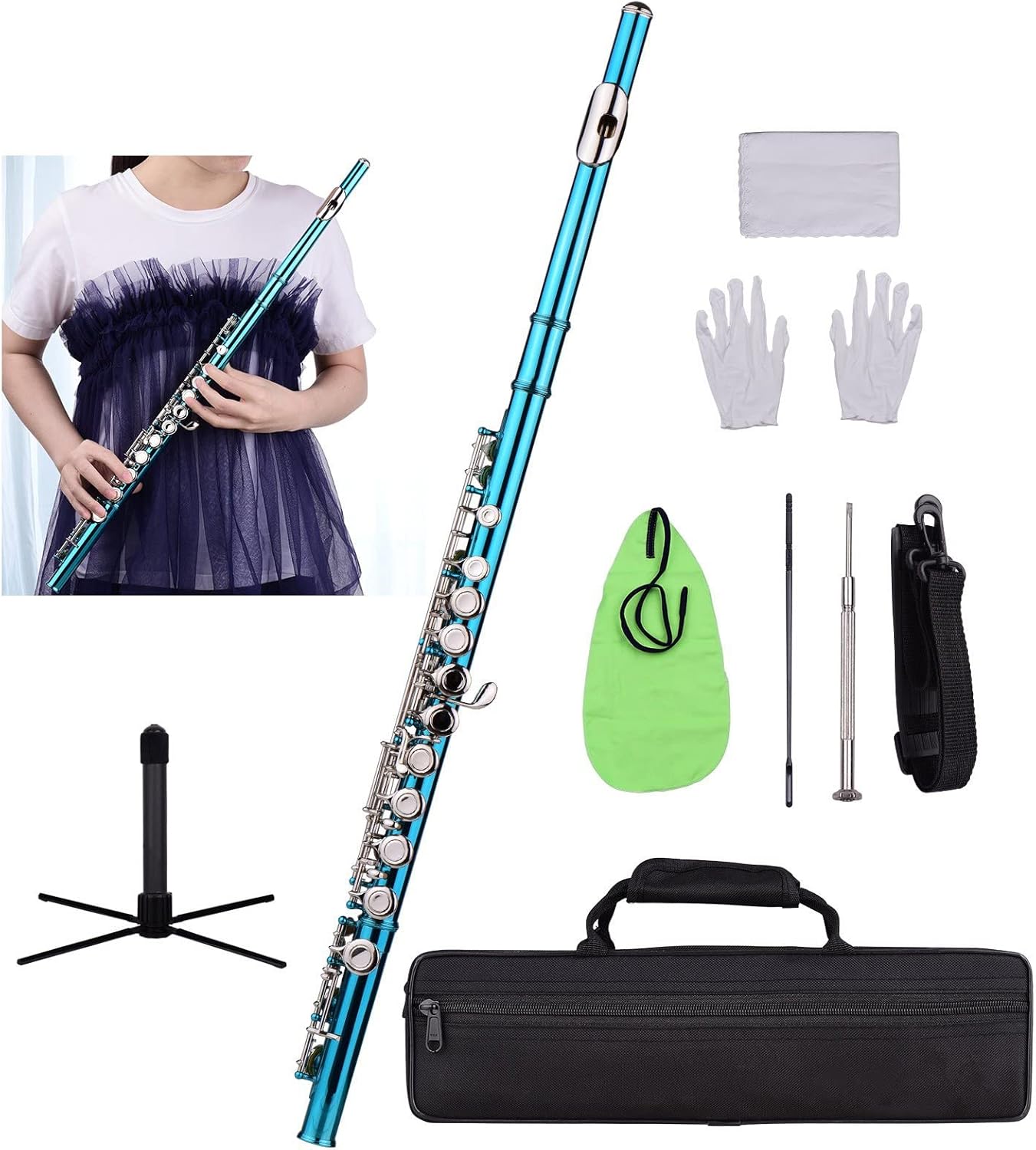 Flute Kit Closed Hole C Flute 16 Keys Cupronickel Nickel- Plated Wind Instrument with Carry Case Flute Stand Gloves and Accessaries Intermediate Flute (Color : Blue Green)
