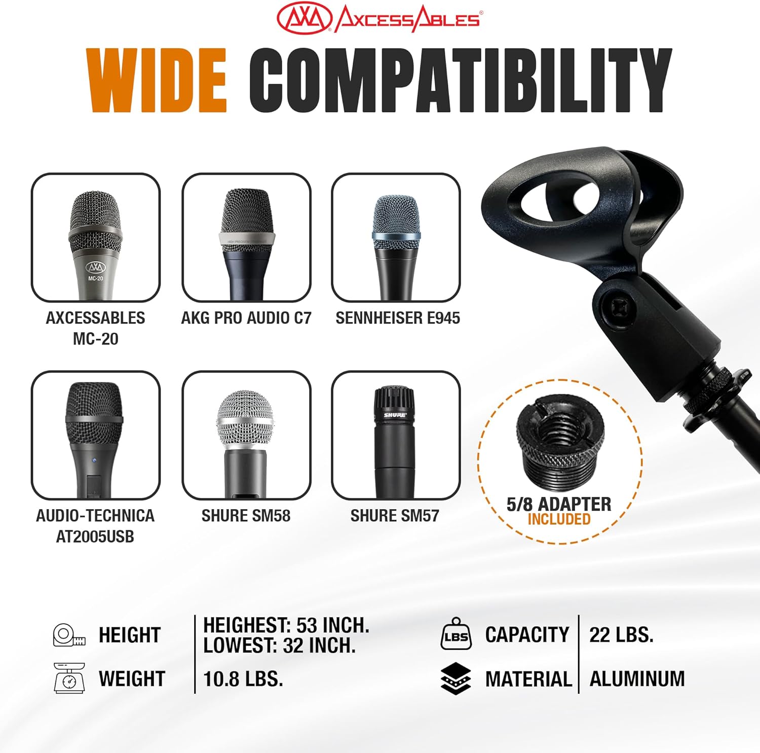 AxcessAbles AXCMS-201TB One Hand Microphone Stand with Tripod Base and Quick Grip Height Adjustment - Telescoping Mic Boom Arm Included. Tall Microphone Stand for Singing 2-Pack