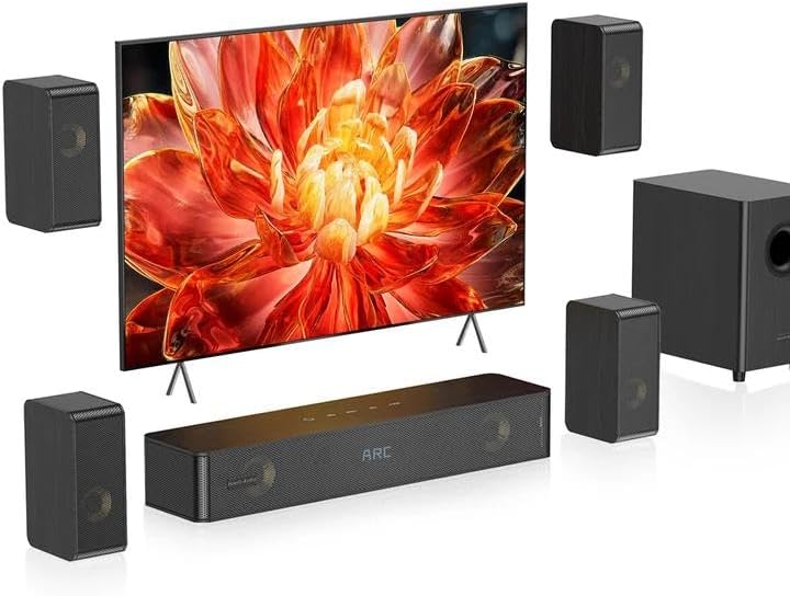 Wooden 5.1.2 Virtual Surround Sound System, 4 Surround Speakers Wired, 400W Peak Power, Sound Bars for Smart TV w/Subwoofer, 5.25'' Deep Bass, Home Theater TV System, ARC/OPT/BT/AUX, HiPulse N512