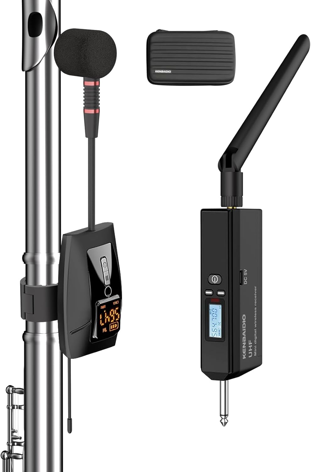 Wireless Flute Microphone System, UHF Wind Music Instruments Microphone with Rechargeable Receiver and Transmitter 196ft Range, Professional Tubular Instrument Clip Great for Flute, Piccolo