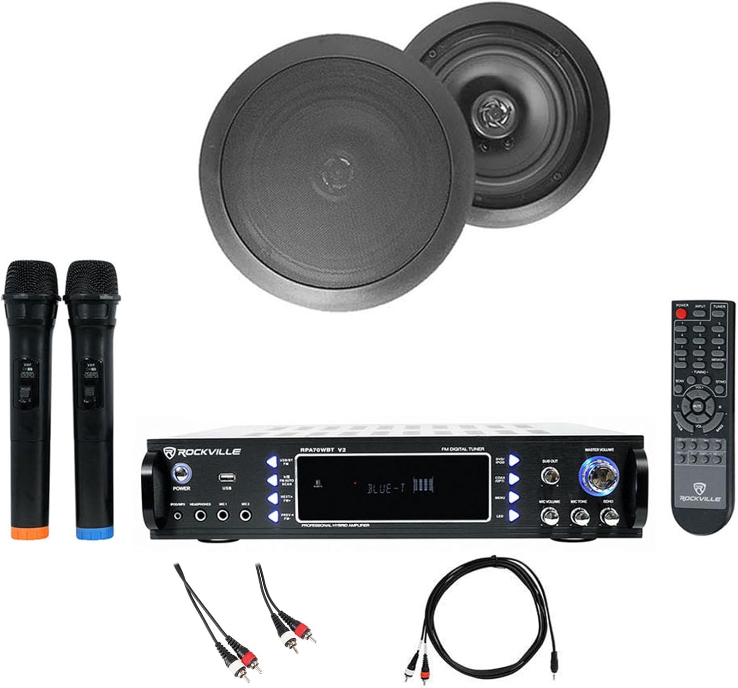 Rockville RPA70WBT V2 Bundle: 1000-Watt Bluetooth Karaoke Amplifier/Mixer with (2) VHF Microphones, (2) HC85 8 in 700-Watt Speakers, RCDR10B 10' Dual RCA Cable, RNRMR10 10' RCA Cable, 5-Items