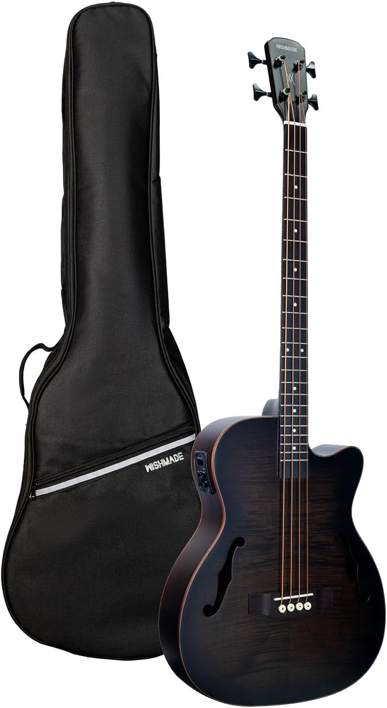 WISHMADE Electric Bass Guitars With F-Holes, Acoustic Bass Guitar For Beginners, Flamed Maple Top With Gig Bag (BLB-400-BK)