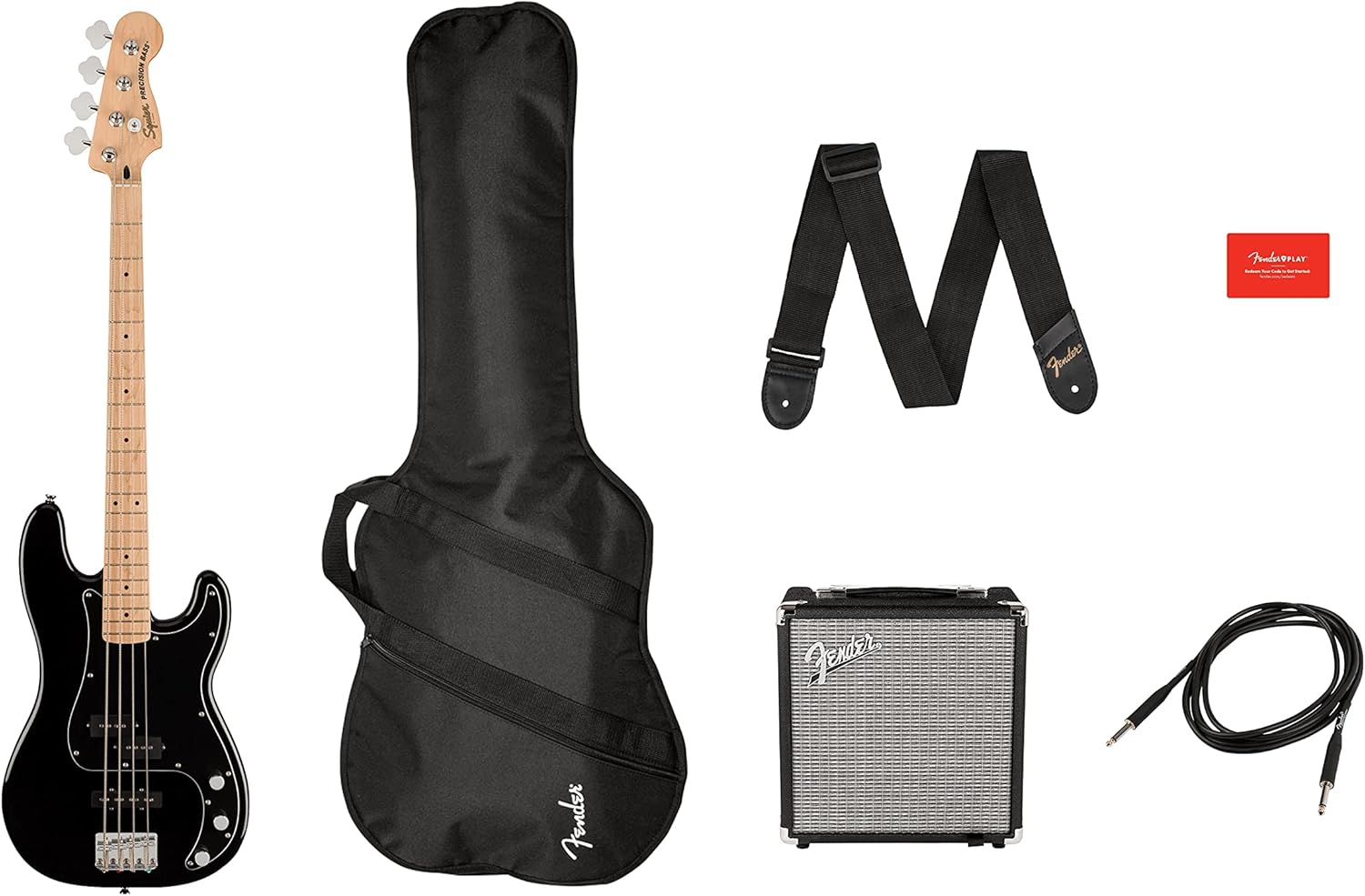 Fender Squier Affinity Precision Bass PJ - Black Bundle with Rumble 15 Amplifier, Instrument Cable, Gig Bag, Tuner, Strap, and Austin Bazaar Instructional DVD