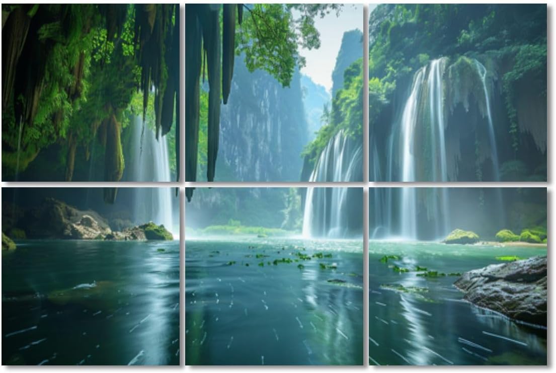 6 Pack Art Acoustic Panels Sound Absorbing Mountain Cave Nature Forest Landscape Waterfall Cave Tropical Trees Decorative Soundproof Wall Panels Self Adhesive for Recording Studios Office 72