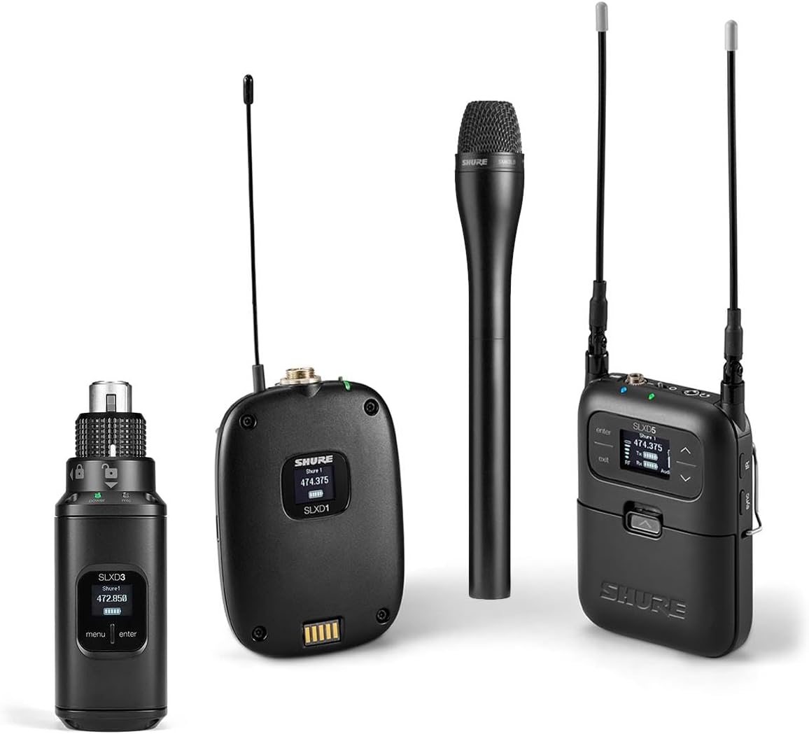 Shure SLXD15/85 Portable Digital Wireless Microphone System with WL185 Lavalier, SM63-LB Handheld Microphone and SLXD3 Plug-On Transmitter, G58: 470-514MHz